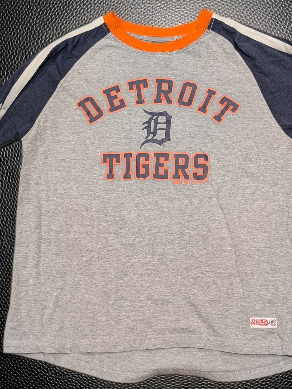 Stitches Gray Detroit Tigers Raglan Shirt with Navy Sleeves and Orange Trim
